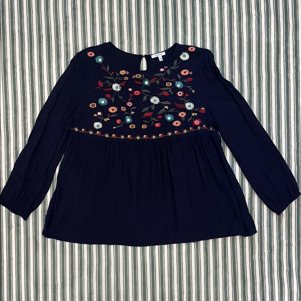 Jodifl Women’s Floral Embroidered Navy Long Sleeve Blouse Size L
